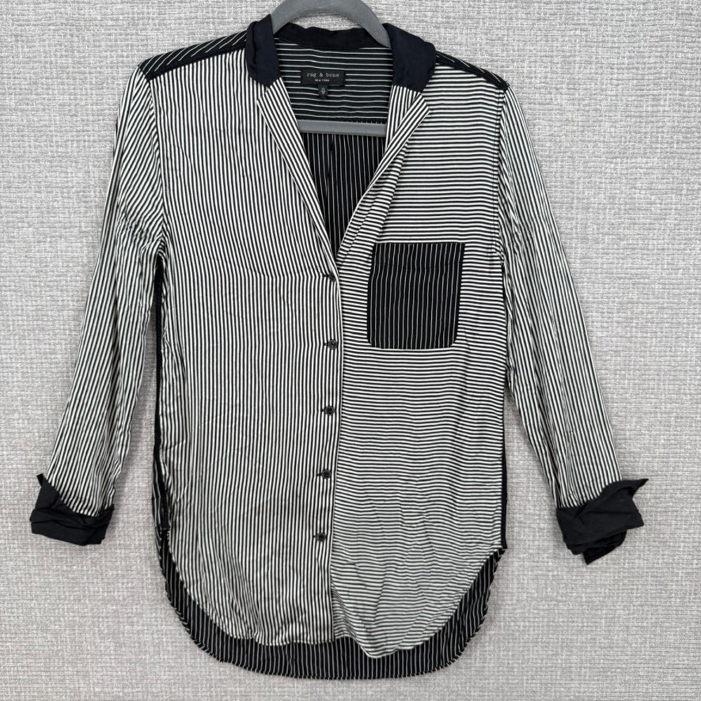 Rag & Bone Shirt Dress Women XS Black White Striped Long Sleeve Mixed Print